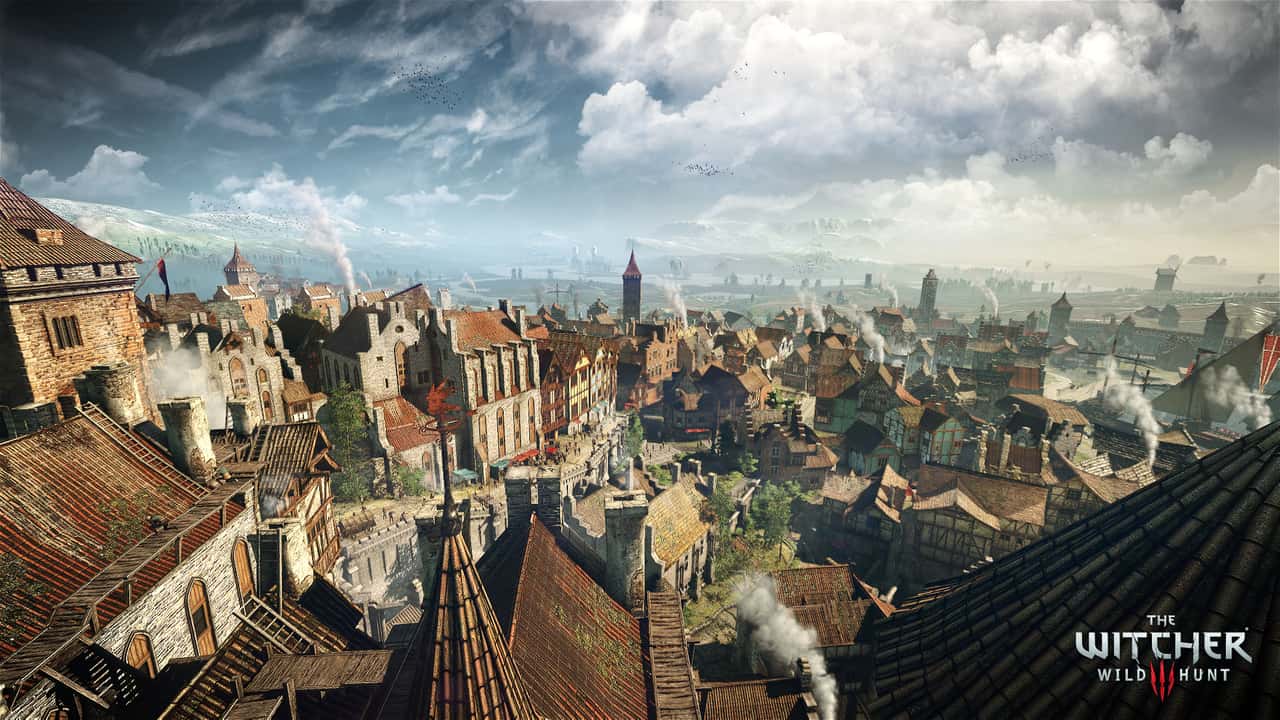 The rooftops of Novigrad under a broken sky