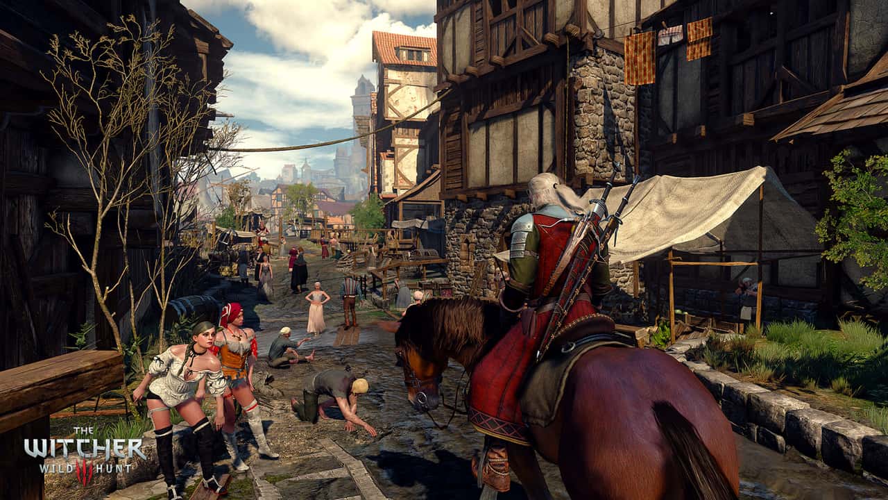 A crowded Novigrad street between timbered houses