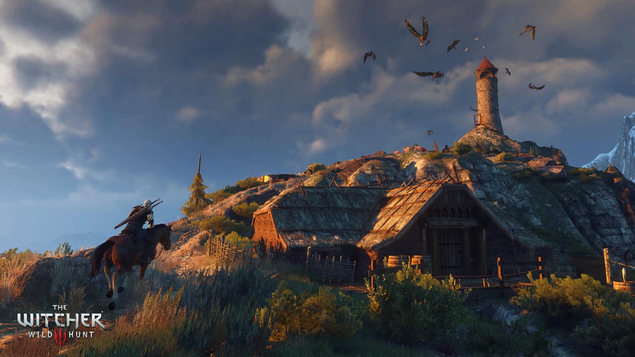 A stone lighthouse over a turf-roofed coastal homestead