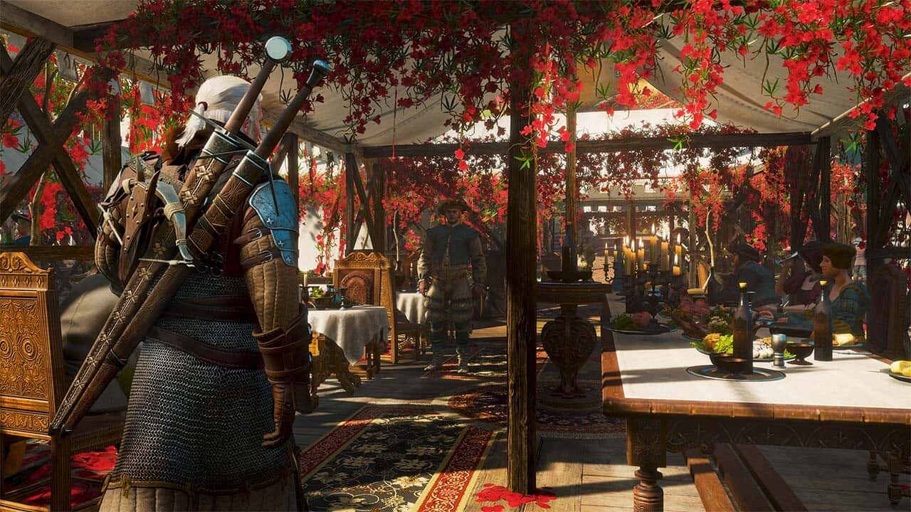 A flower-strewn market pavilion in Beauclair